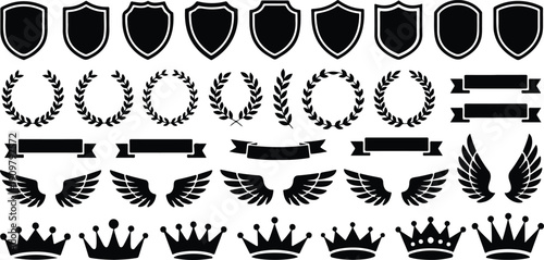 Heraldic Outline Silhouette Set  Shields, Crowns, and Laurel Wreaths