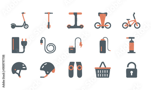 Modern electric scooter accessories and commuting gear flat vector pack illustration, easily editable.