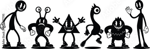 Rubber hose vintage cartoon lineup of six playful monochrome monsters standing in a row waving and posing in studio scene