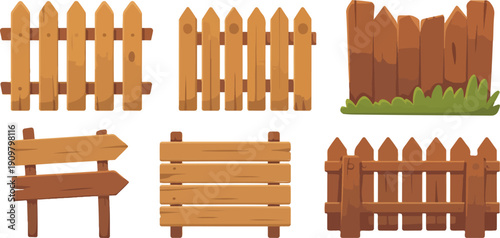 Wooden Fence and Signboard Vector Set Rustic Garden Panels and Direction Signs