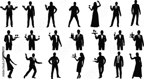 Elegant party people silhouettes collection, men and women with drinks, celebration event illustration, social gathering, nightlife, hospitality, vector set, isolated on white background