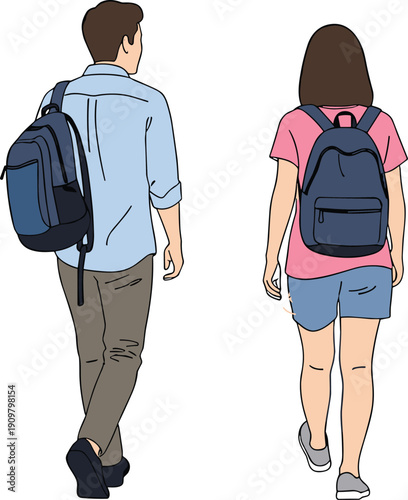 Back view of young couple walking together with backpacks, male and female students going to university or traveling, illustration