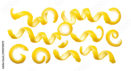 Fotografía Lemon zest curls isolated PNG, citrus peel garnish for cocktails and desserts on