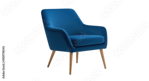 Tableau sur toile Elegant blue velvet armchair isolated PNG, modern lounge chair with wooden legs