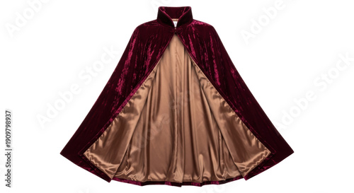 Quadro su tela Elegant burgundy velvet cape isolated on transparent background, luxurious cloak