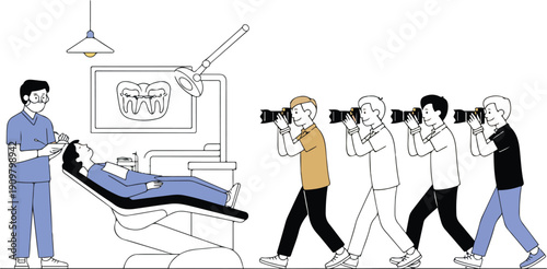 Dental Patient Privacy Illustration  Dentist Examination Interrupted by Paparazzi Media