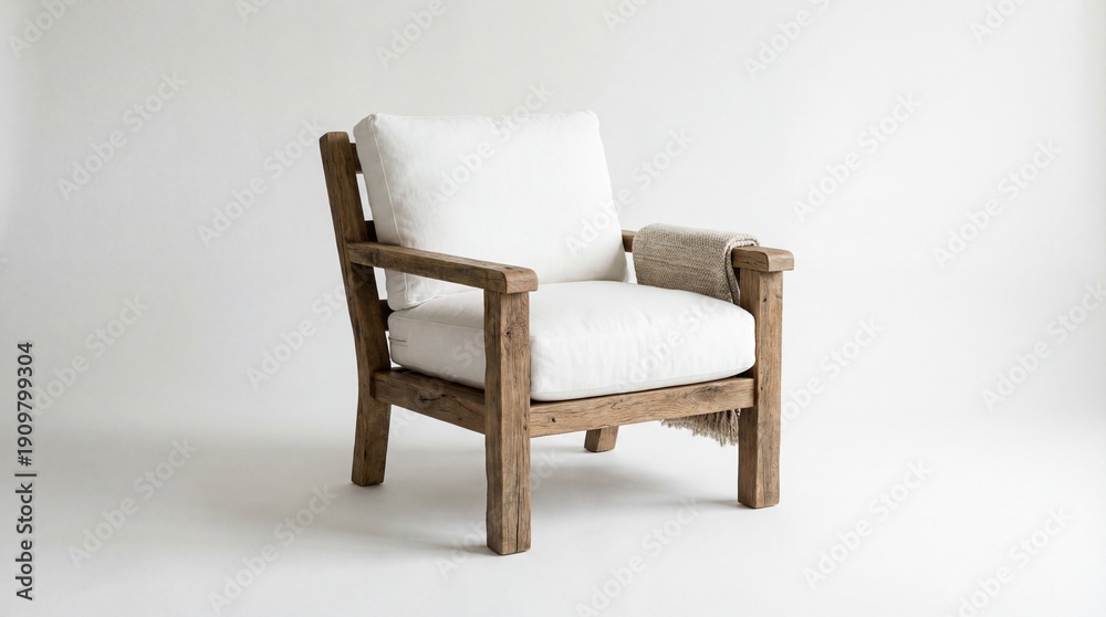 Fototapeta premium A wooden chair with a white cushion sits on a white background