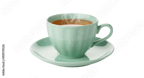 Fotografie Light green teacup with hot tea isolated PNG, steaming beverage on saucer for br