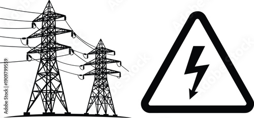 High voltage electricity transmission towers with warning sign, power lines infrastructure concept, energy distribution system, industrial vector illustration isolated