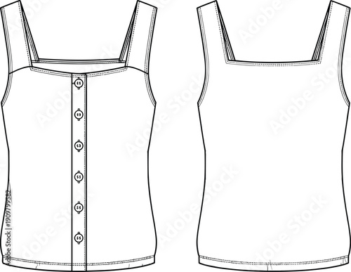 Fashion technical sketch vector illustration of sleeveless women’s top, square neckline, button down front, garment construction details, apparel design template, clothing pattern