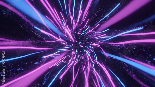 Abstract Neon Light Streaks - A dynamic abstract background featuring swirling, vibrant neon light streaks in pink and blue, emanating from a central point.