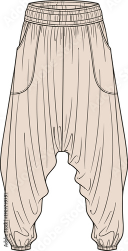Harem pants fashion illustration, dropped crotch trousers, loose fit vector, elastic waistband design, side pockets, gathered cuffs, cad drawing flat vector illustration