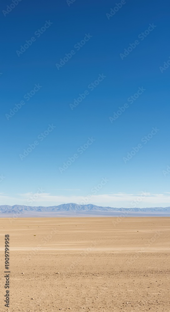 Naklejka premium Expansive view of a flat, arid landscape under a clear blue sky, showing the distant meeting point of earth and atmosphere. The perfect backdrop ,distance ,future ,sunny
