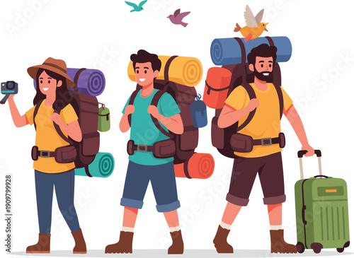 Group of diverse backpackers and travelers with hiking gear, backpacks, and luggage embarking on a scenic outdoor summer adventure