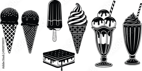 Ice cream dessert collection illustration, vintage sweet treats set, popsicle sundae milkshake cone sandwich, black and white vector isolated