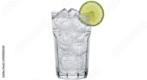 Tableau sur toile Refreshing gin and tonic with lime isolated PNG, classic cocktail with ice cubes