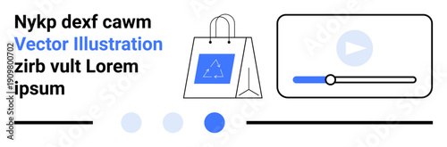 Paper shopping bag with graphic, media player progress bar, and decorative dots. Ideal for online shopping, media, technology, e-learning, marketing, branding and a simple landing page