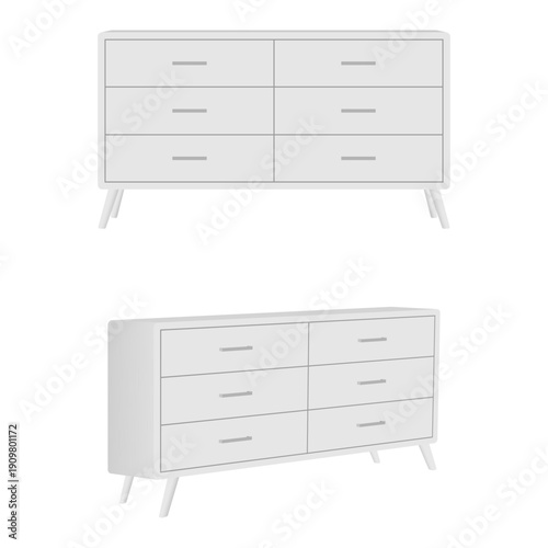 six drawer with white color front view and side view vector illustration isolated on white background.