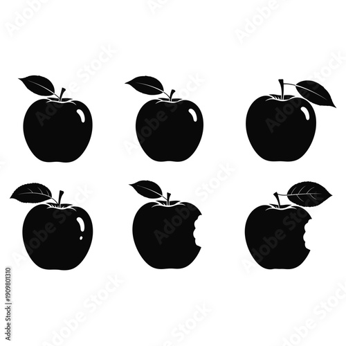 Collection of black apple silhouettes on with leaves and one bitten