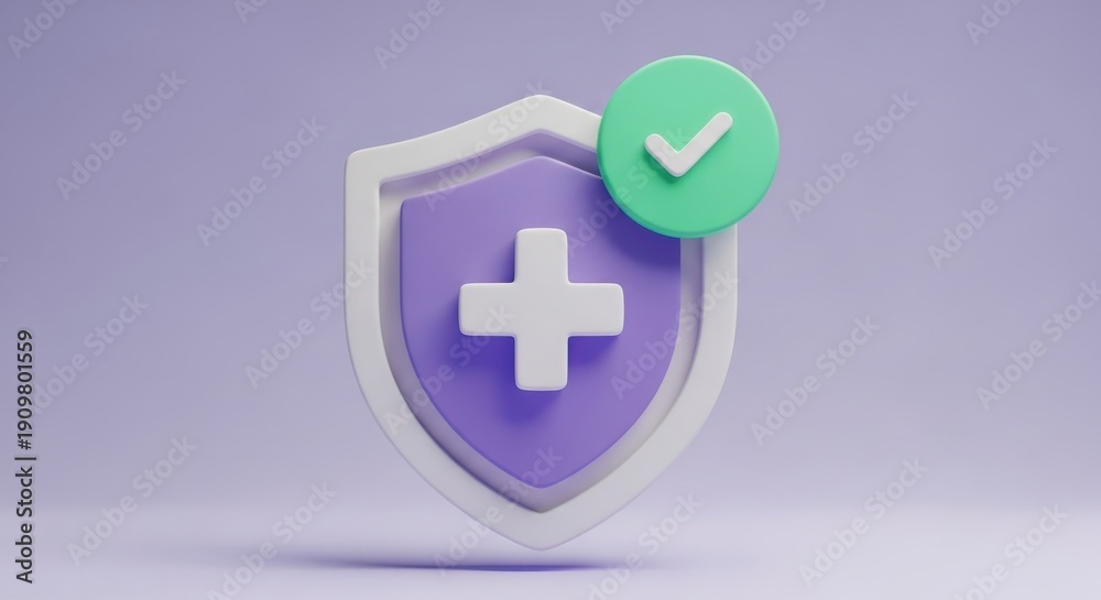 Obraz premium 3D purple shield with white cross and green checkmark on light purple background protection