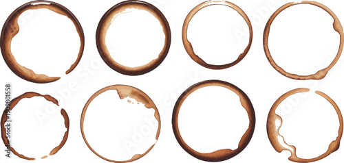 Set of coffee stain rings. brown coffee cup marks, circular imprint from mug bottom. dirty splashes
