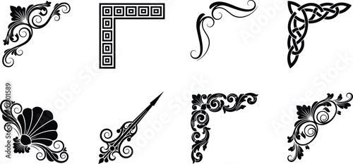 Ornamental corner decoration vector set, vintage floral and geometric border elements isolated on white background design