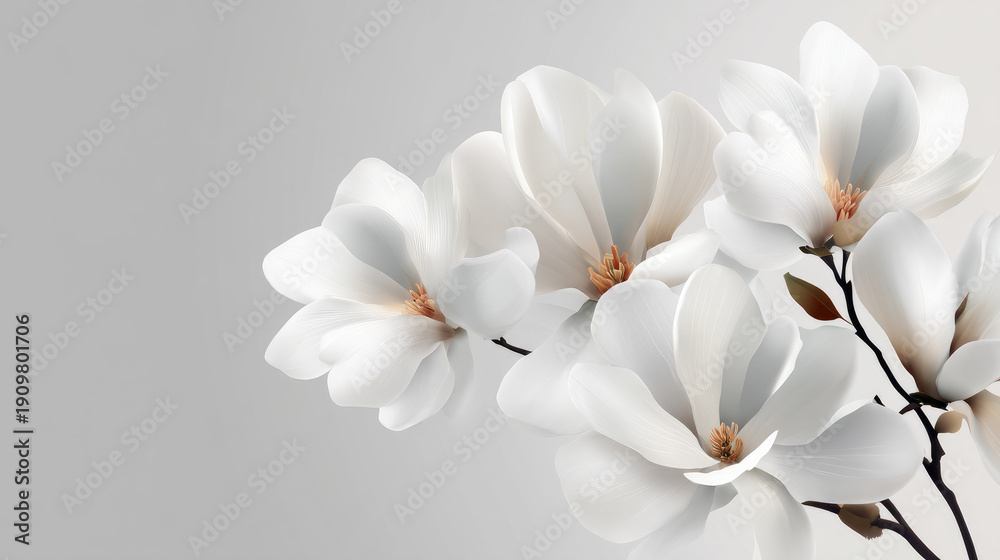 Fototapeta premium A cluster of white magnolia blossoms on a soft gray background, with clean, minimalist lines