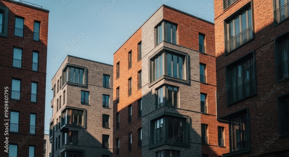 Naklejka premium Modern brick apartment buildings bathed in warm, golden hour sunlight.
