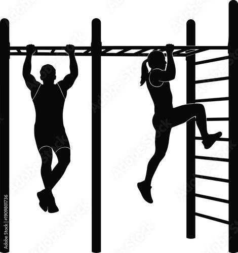 Outdoor fitness training silhouette vector illustration, athletes performing pull ups and ladder workout isolated on white background