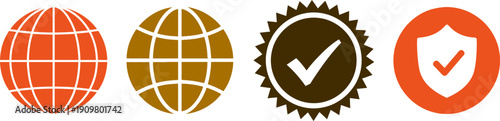 Global network connectivity and security shield check mark icon set for business