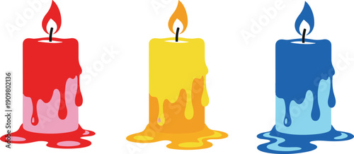 Red yellow and blue melting candles illustration, colorful wax drip candlelight decoration vector isolated on background festive concept