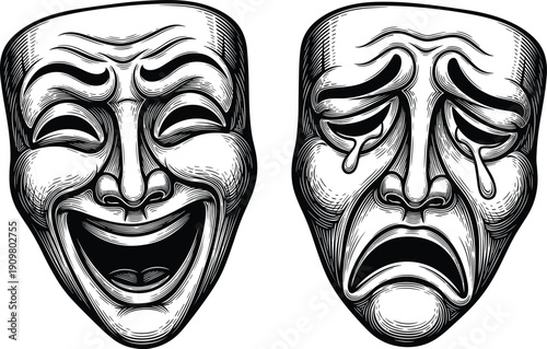 Theater comedy and tragedy masks vector illustration, dramatic facial expressions isolated on white background performing arts symbol