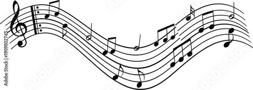 A black and white vector illustration depicting a section of musical notation arranged in a flowing, wavy line across a white background. 