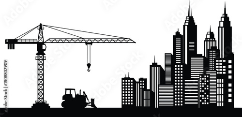 Urban construction skyline silhouette with tower crane and bulldozer, modern city development concept black and white industrial illustration