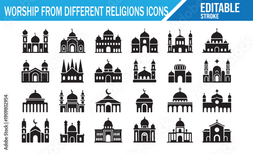 Collection of worship place symbols, black silhouette.