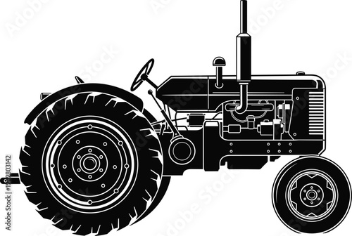 Vintage farm tractor vector illustration, agricultural machinery side view silhouette isolated on white background rural farming equipment