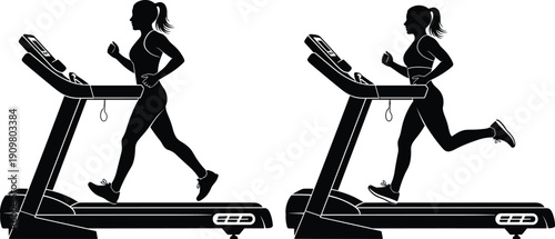 Woman running on treadmill silhouette vector illustration, fitness workout training isolated on white background gym concept