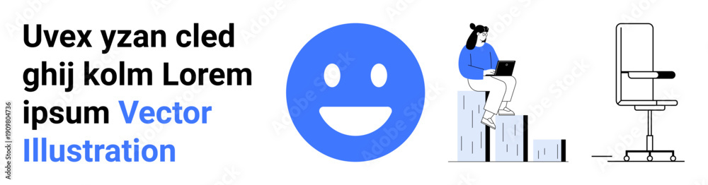 Fototapeta premium Workplace productivity, design aesthetics, digital communication, remote work, workspace setup, modern . Blue smiling icon, woman with laptop and office chair drawing. Workplace productivity