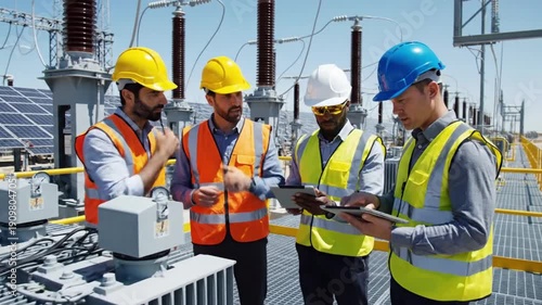 Engineers discuss equipment at solar energy site in desert during daytime with clear sky