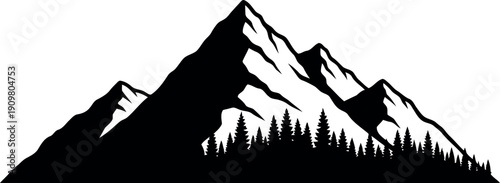 Black and White Mountain Silhouette with Pine Trees Vector Illustration for Outdoor and Adventure Designs