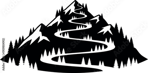 Mountain silhouette with winding path and pine trees vector illustration for adventure and outdoor design