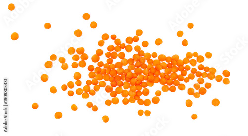 Foto Close up raw red lentils isolated on white, top view, clipping path