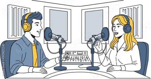 Podcast Recording Studio Illustration, Two Hosts with Microphones, Headphones, and Mixer Setup