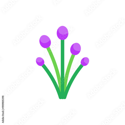 Minimal Flat Vector Illustration of Chives Stems with Five Purple Flower Heads on White Background