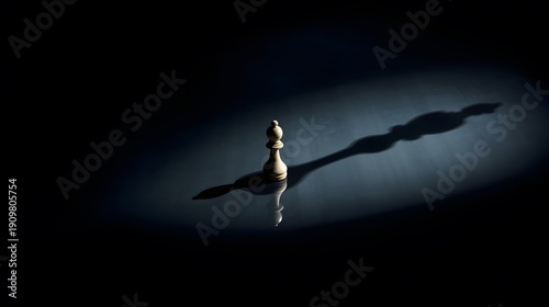 A single white chess pawn casts a shadow of a King in the spotlight. Conceptual image representing hidden potential, leadership, ambition, and business strategy.
