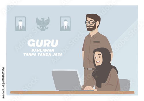 Thank You Teachers Unsung Heroes of Education Landscape Poster with Male and Female Teachers and Laptop