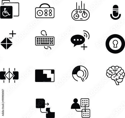 Collection of 16 black and white icons on a white background
