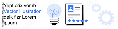 Innovation, evaluation, idea generation, professional services, industry, user experience. Lightbulb, user profile on a document and gears. Innovation and evaluation concept