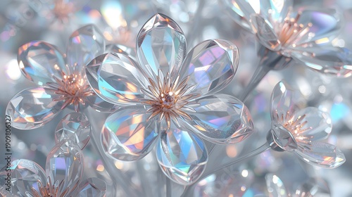 Beautiful crystal flowers with faceted glass petals and rose gold stamens. Transparent 3D blossoms with iridescent rainbow reflections.
