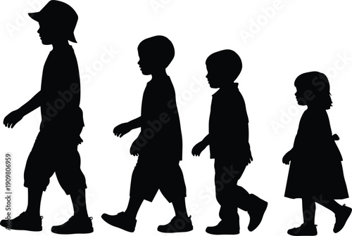 Vector silhouette of four diverse children of varying ages and heights walking in a row on a white background